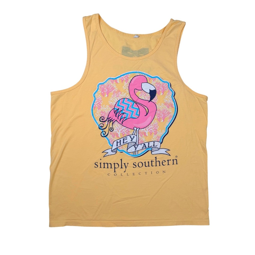 Simply Southern Tank Top Women XL Yellow Good Flamingo Hey Yall Graphic‎ Print
